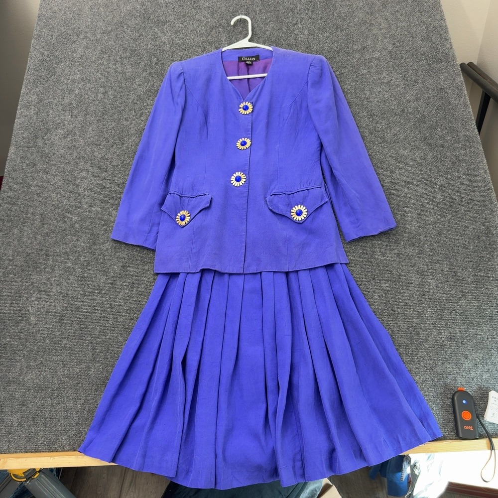 Vintage Gillian Skirt Suit Womens 4 Purple Silk Sun Buttons Pleated Retro Style